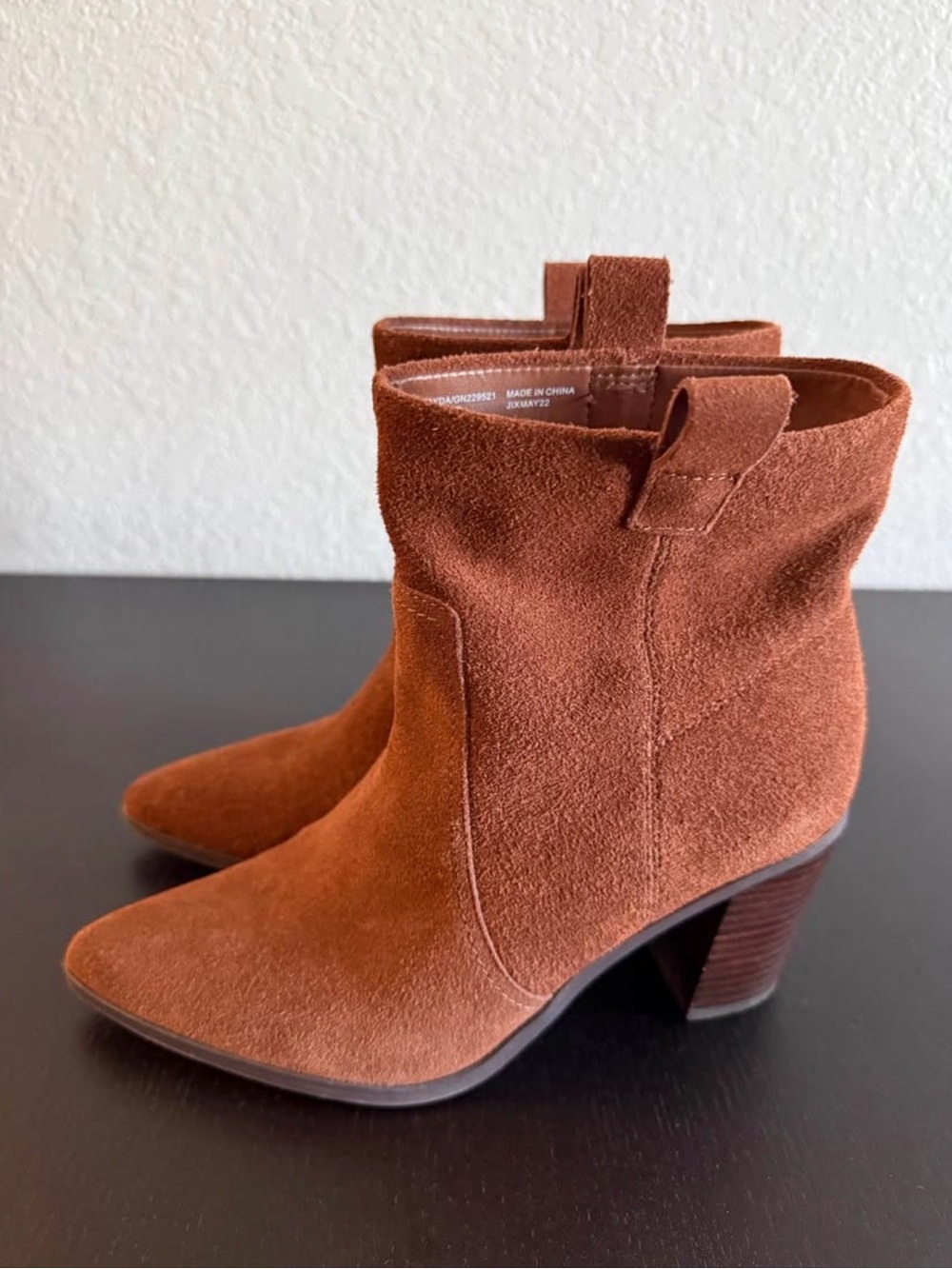 BCBG Suede Ankle Booties in Rust Brown. NWOT